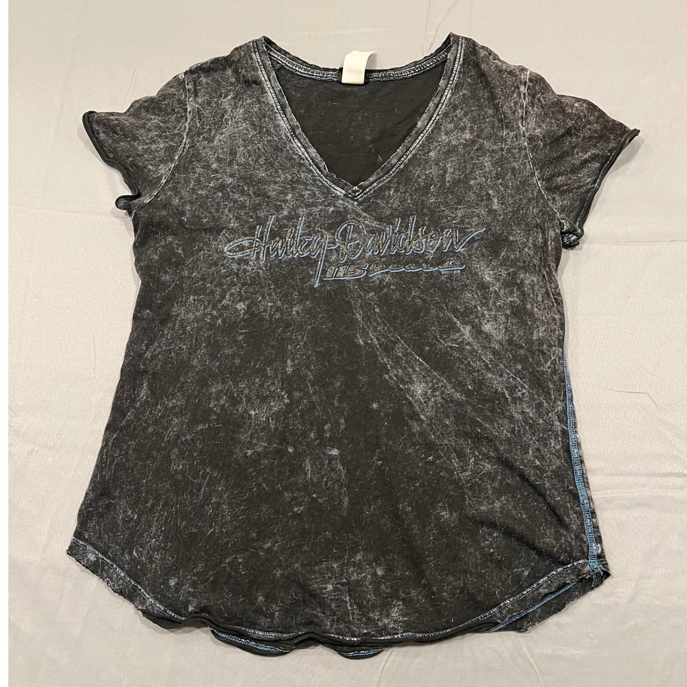 Harley-Davidson 115th Anniversary Shirt Womens Large Black Acid Wash V-Neck Tee